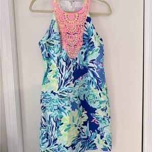 Lilly Pulitzer Pearl Shift Brilliant Blue Wade & Sea Pink Lace Dress